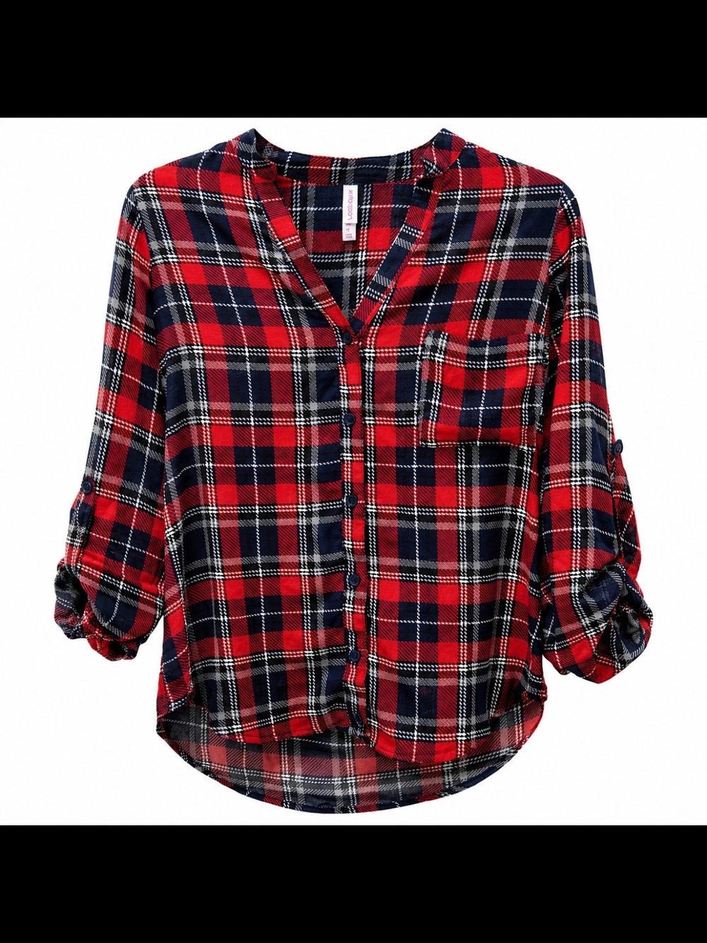 Xhilaration Womens Size XS Red Navy Plaid Button-Down V-neck Shirt